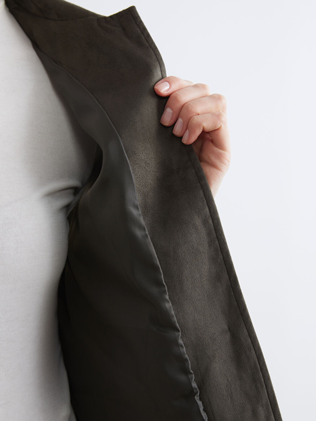 Haki Gömlek Yaka Süet Görünümlü Kadın Ceket-3