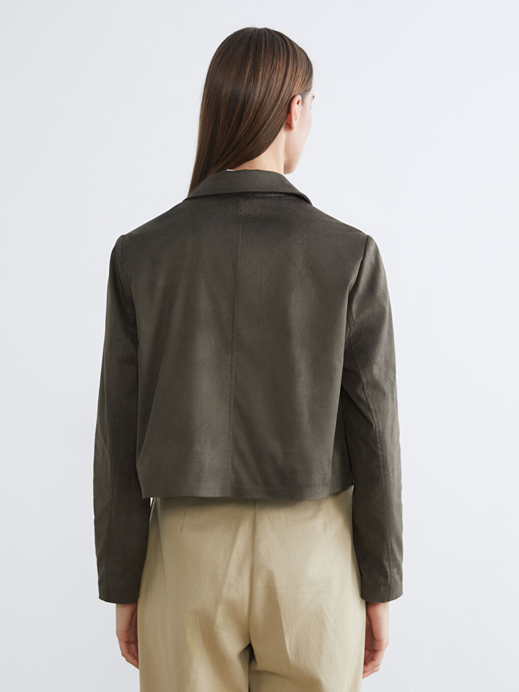 Haki Gömlek Yaka Süet Görünümlü Kadın Ceket-4