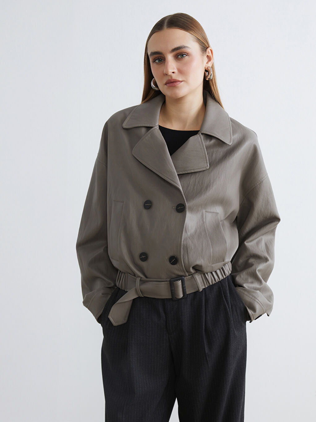 Double Breasted Faux Leather Jacket-2