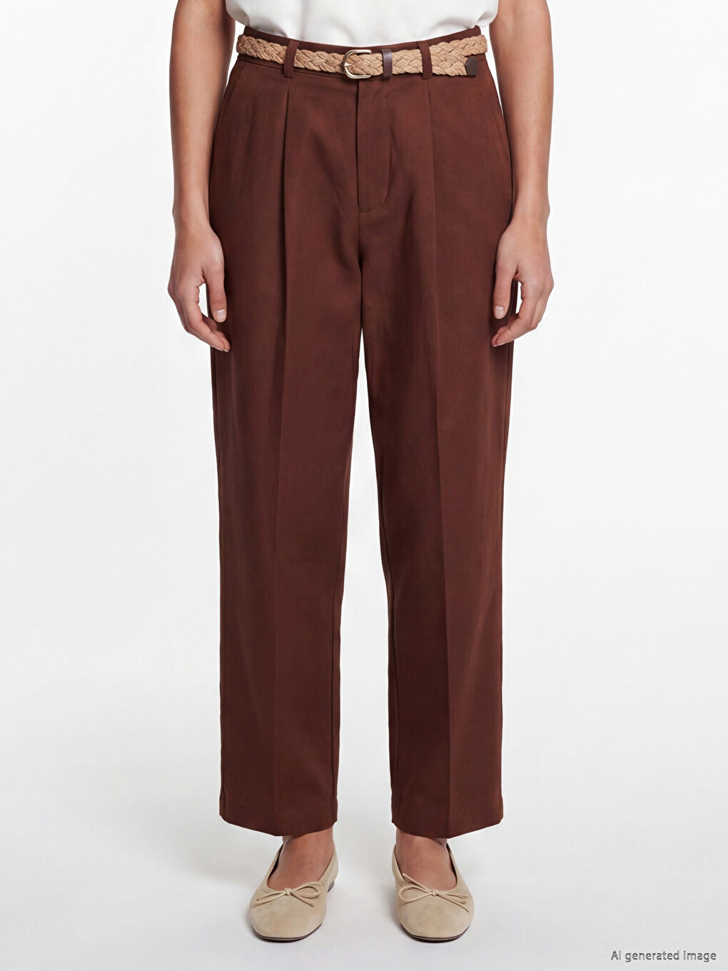 Belted Loose Fit Women's Pleated Fabric Trousers-1