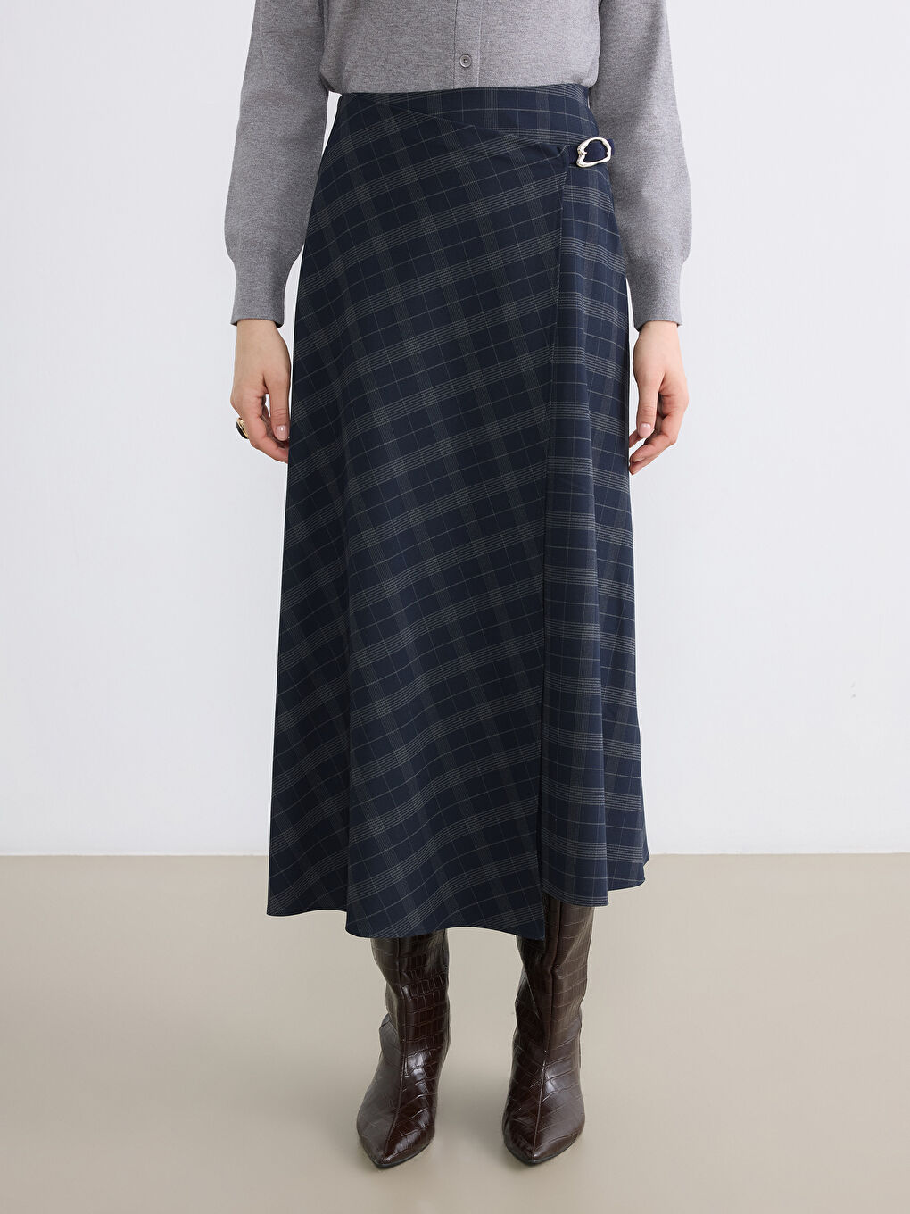 Lacivert Beli Kemerli Ekose A Kesim Etek-1