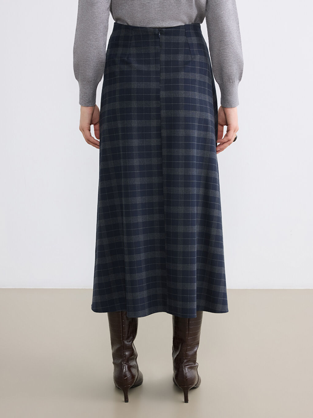 Lacivert Beli Kemerli Ekose A Kesim Etek-3