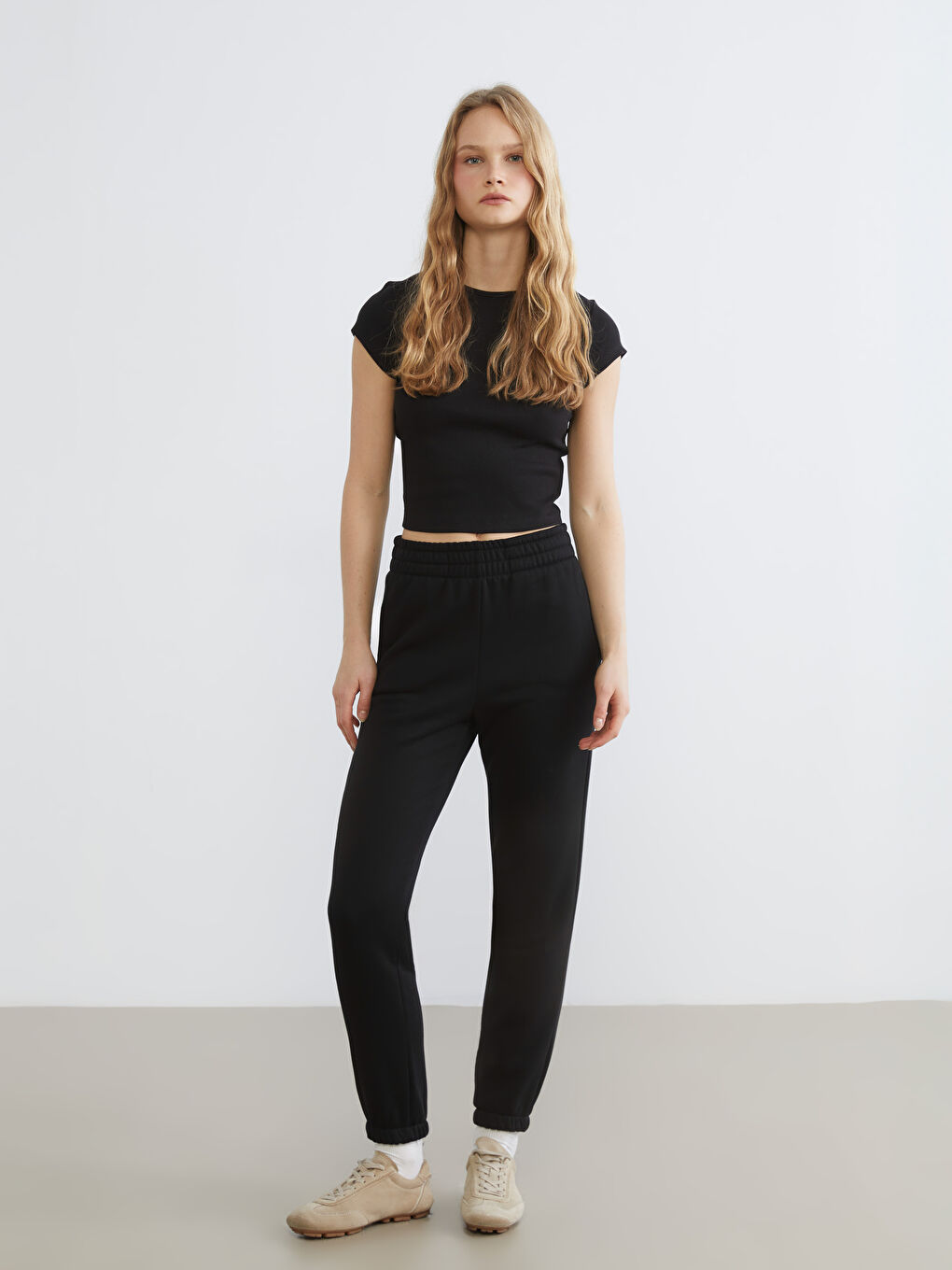 Siyah Beli Lastikli Kadın Kalın Jogger Eşofman Altı