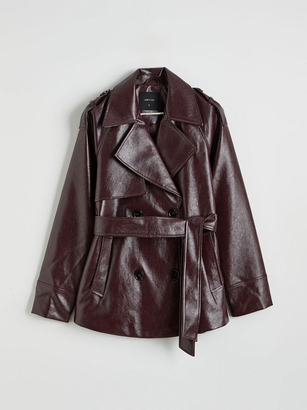 Bordo Kruvaze Yaka Kadın Deri Görünümlü Trençkot-4