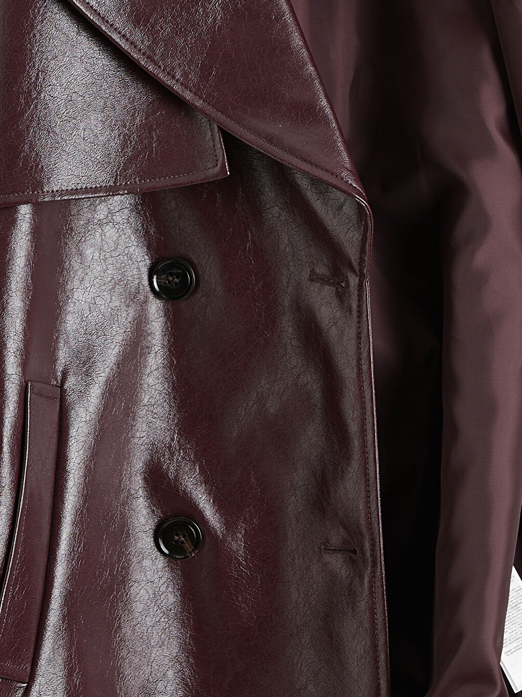 Bordo Kruvaze Yaka Kadın Deri Görünümlü Trençkot-5