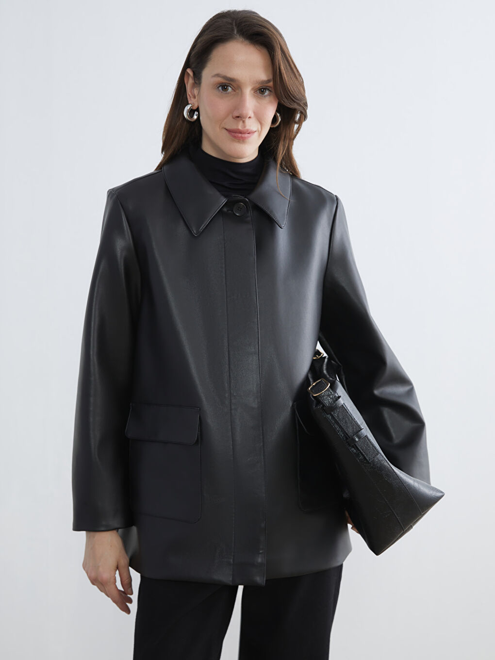 Shirt Collar Women's Leather Look Jacket