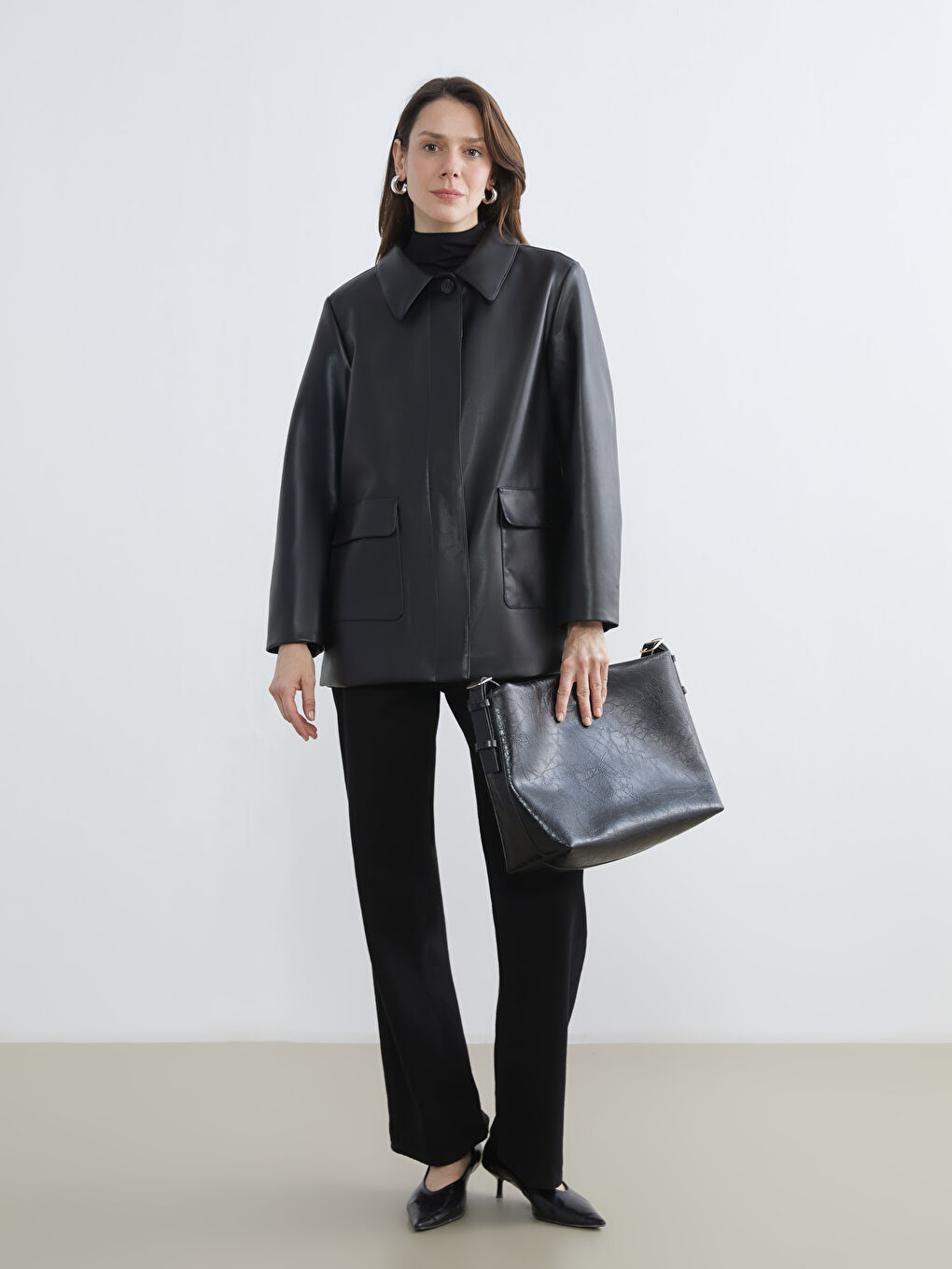 Shirt Collar Women's Leather Look Jacket-1