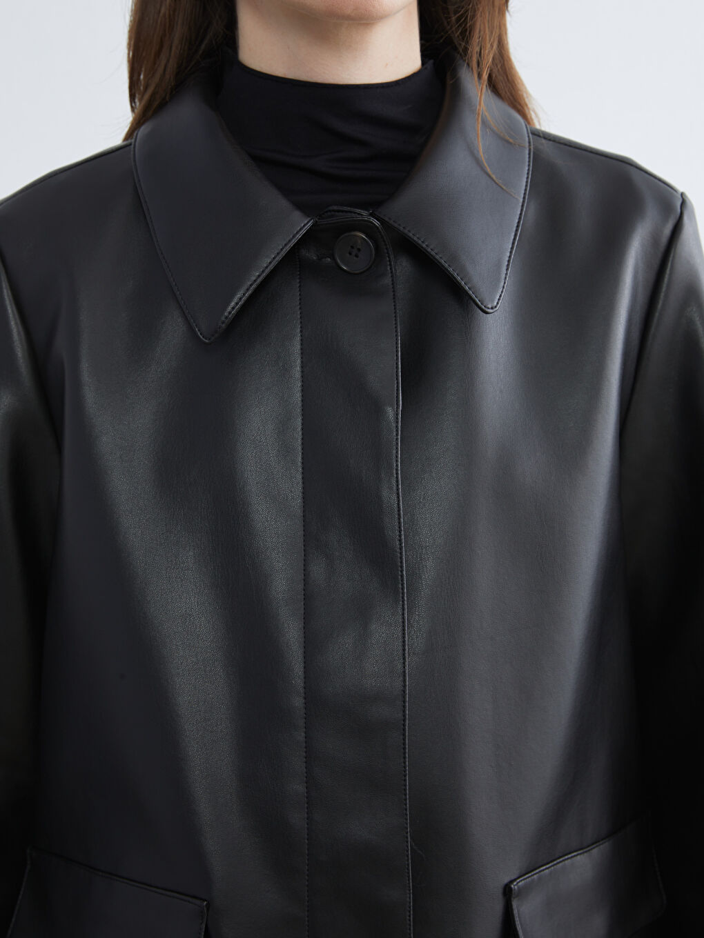Shirt Collar Women's Leather Look Jacket-2