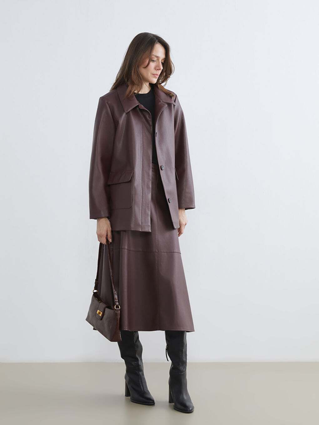 Shirt Collar Women's Leather Look Jacket-1