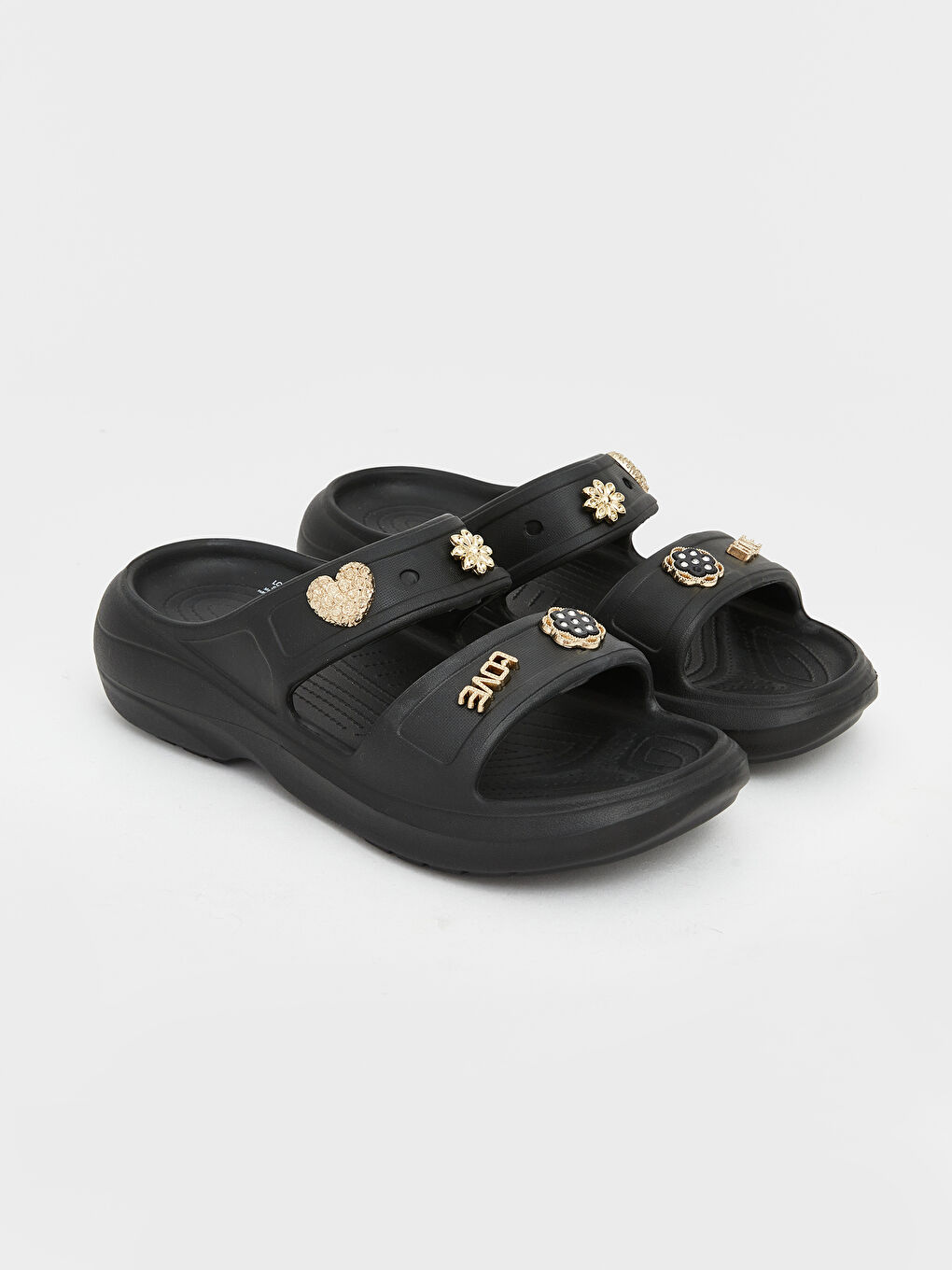 Siyah Çift Bantlı Aksesuarlı Kadın Terlik	