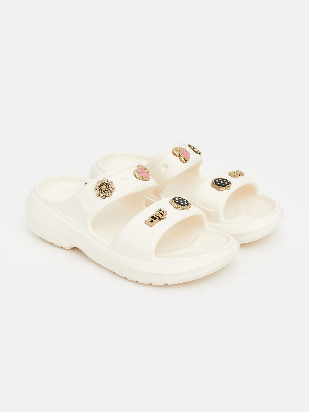 Bej Çift Bantlı Aksesuarlı Kadın Terlik	