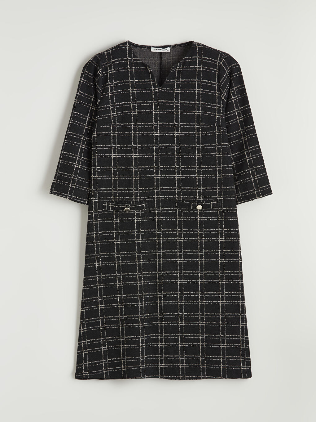 Siyah Kaçık Yaka Ekose Elbise-4