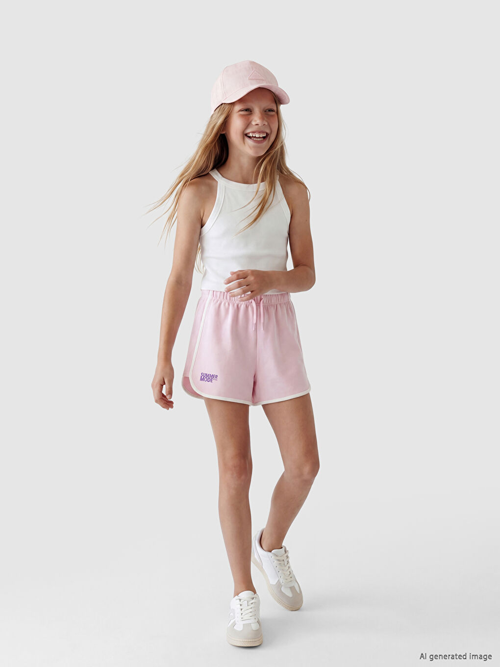 Pembe Yan Şeritli Baskılı Kız Çocuk Şort-1