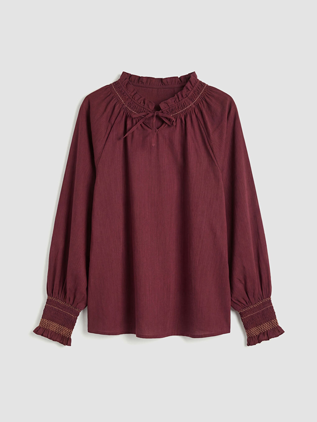 Mürdüm Fırfırlı Bağlamalı Yaka Nakışlı Bluz-4