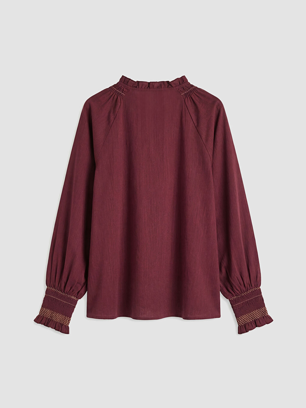 Mürdüm Fırfırlı Bağlamalı Yaka Nakışlı Bluz-5