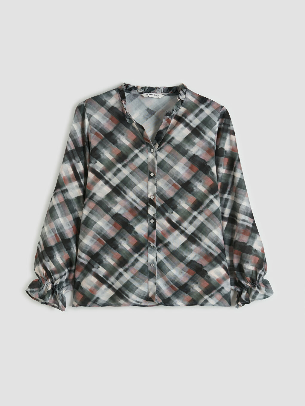 Gri Fırfırlı Kaçık Yaka Ekose Kadın Gömlek-3