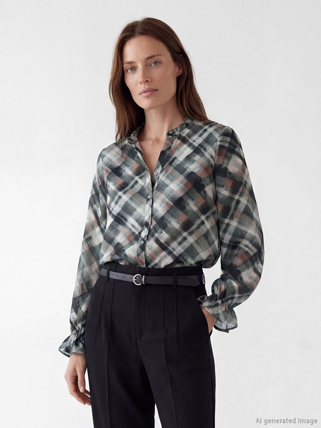 Gri Fırfırlı Kaçık Yaka Ekose Kadın Gömlek