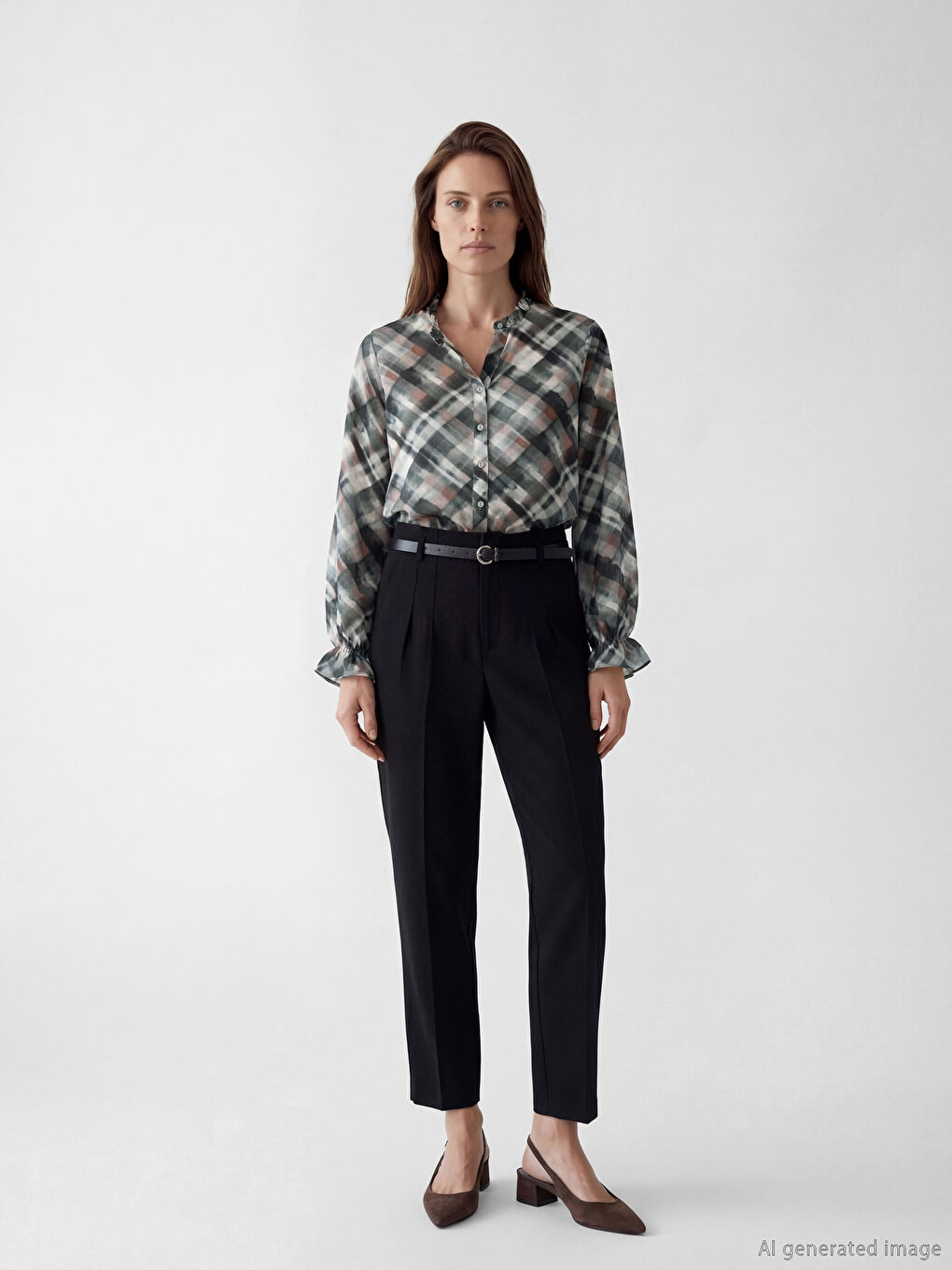 Gri Fırfırlı Kaçık Yaka Ekose Kadın Gömlek-1