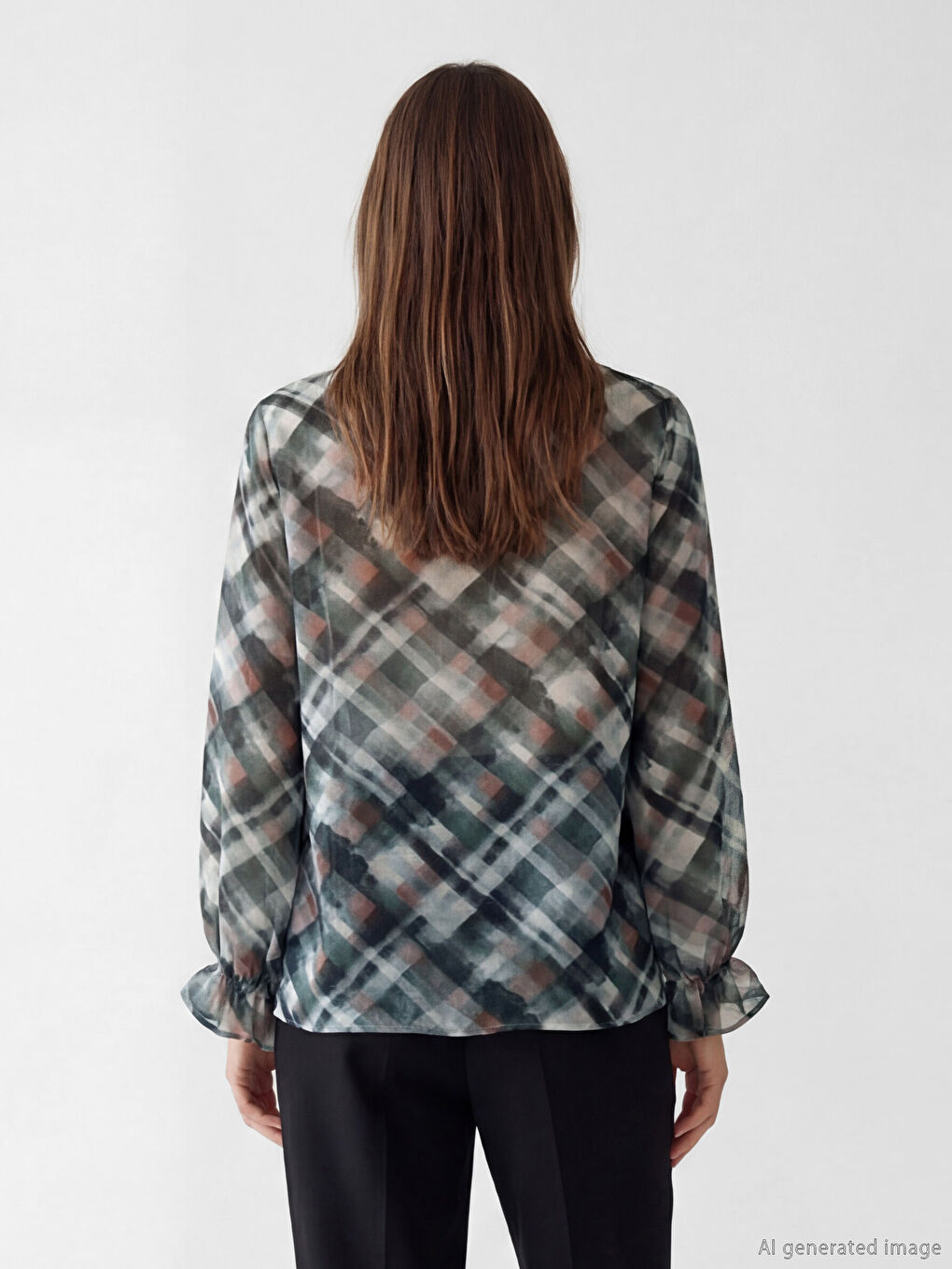 Gri Fırfırlı Kaçık Yaka Ekose Kadın Gömlek-2