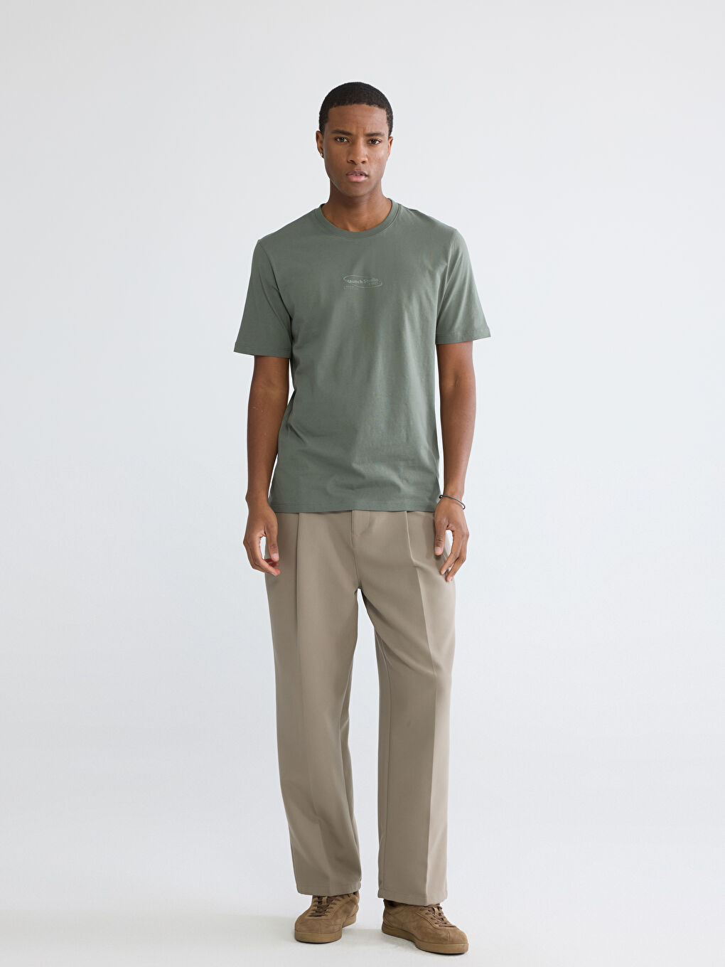 Haki Bisiklet Yaka Baskılı Penye Erkek Tişört-1