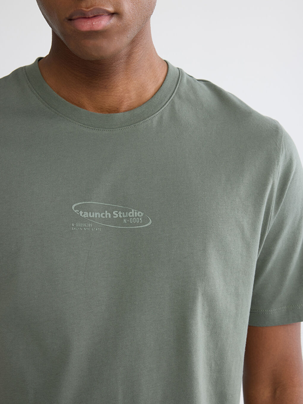 Haki Bisiklet Yaka Baskılı Penye Erkek Tişört-2