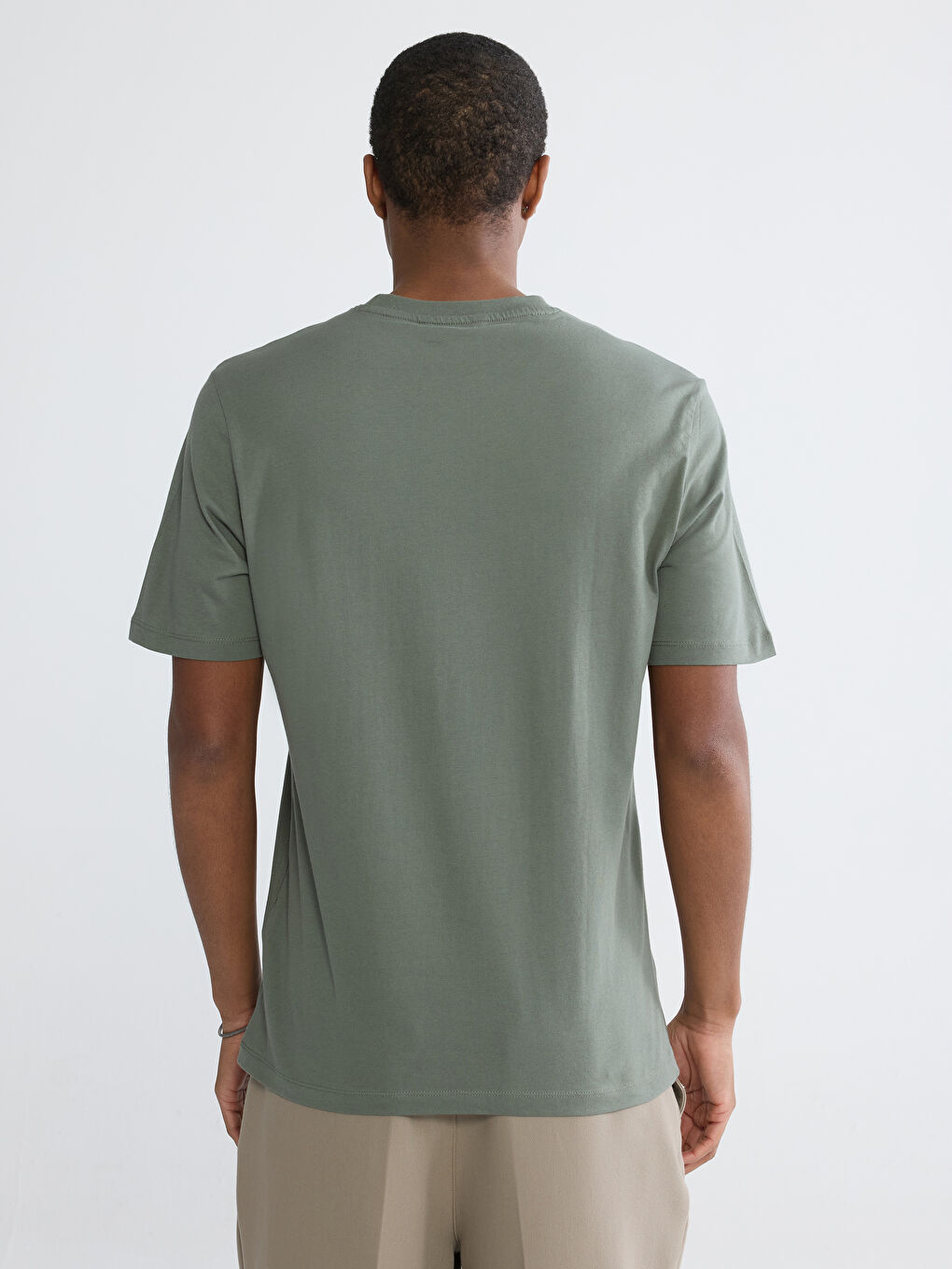 Haki Bisiklet Yaka Baskılı Penye Erkek Tişört-3