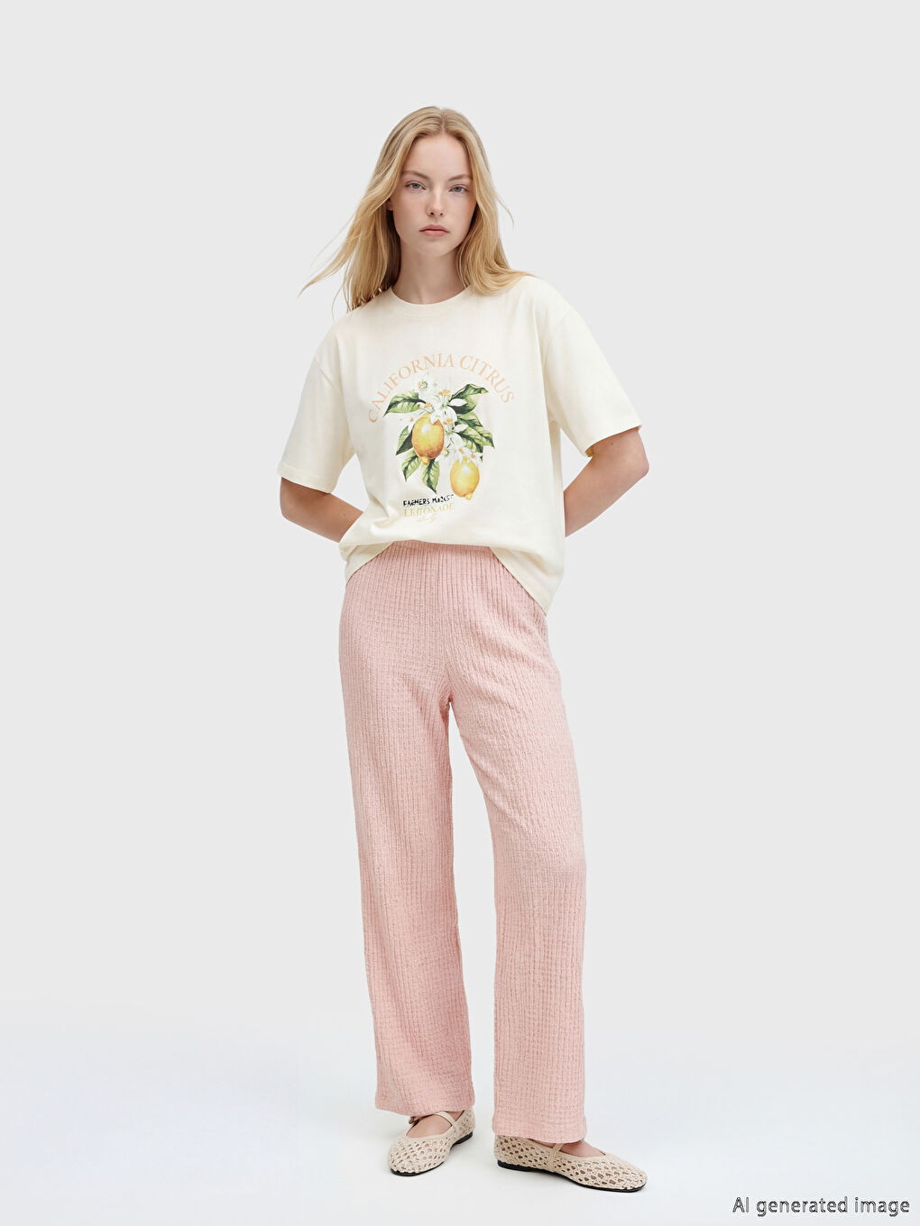 Pembe Beli Lastikli Dokulu Kadın Pantolon