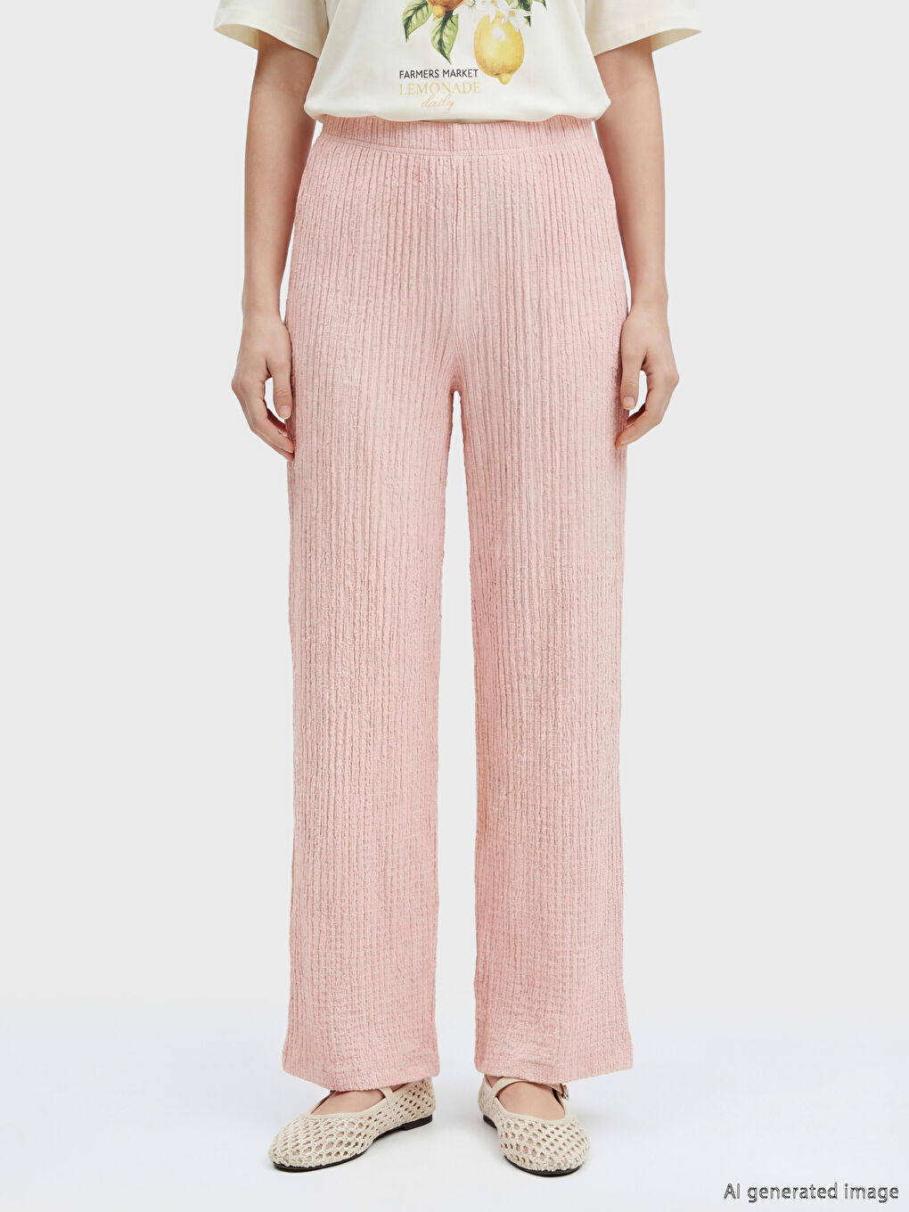 Pembe Beli Lastikli Dokulu Kadın Pantolon-1