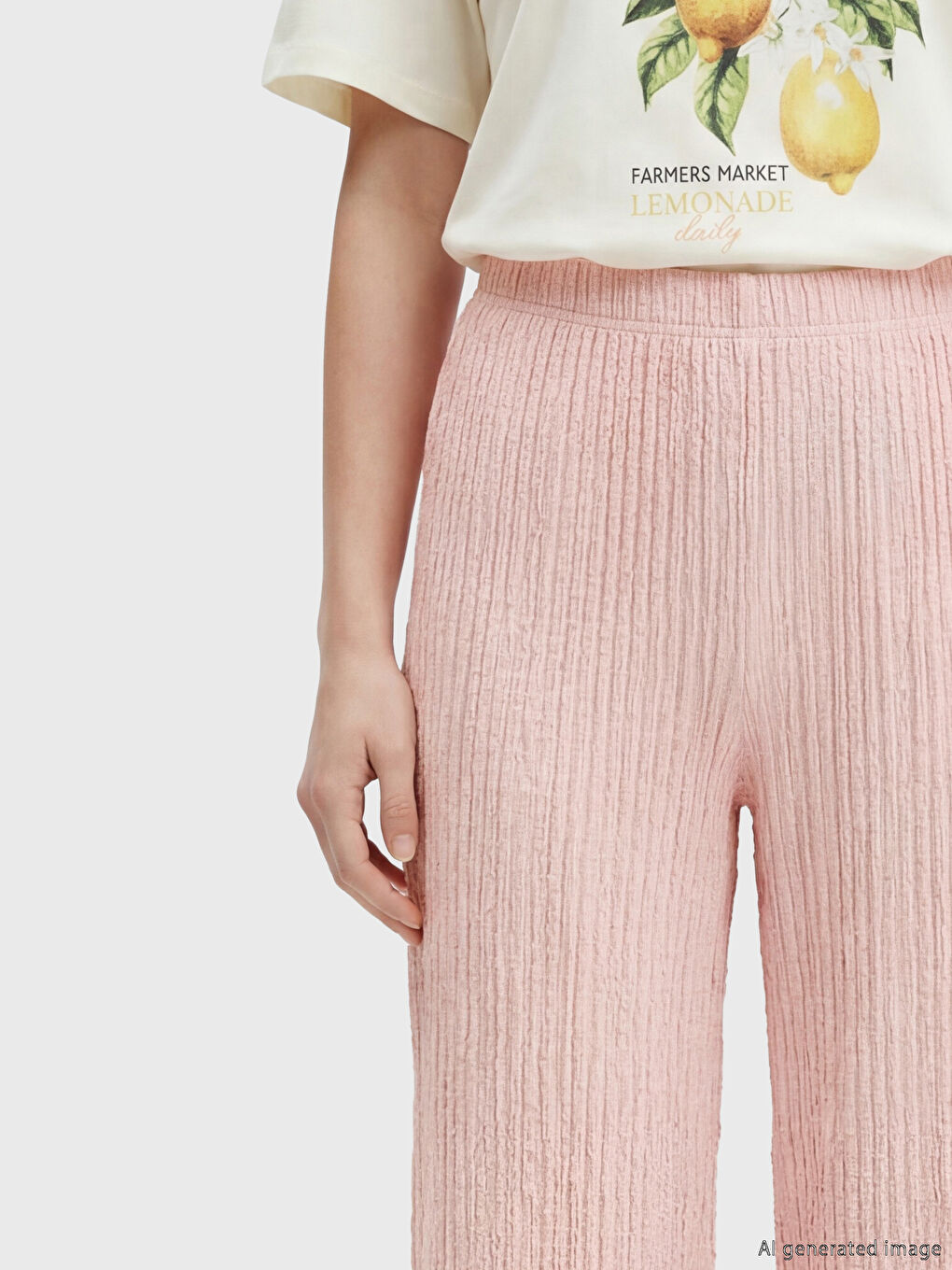 Pembe Beli Lastikli Dokulu Kadın Pantolon-2