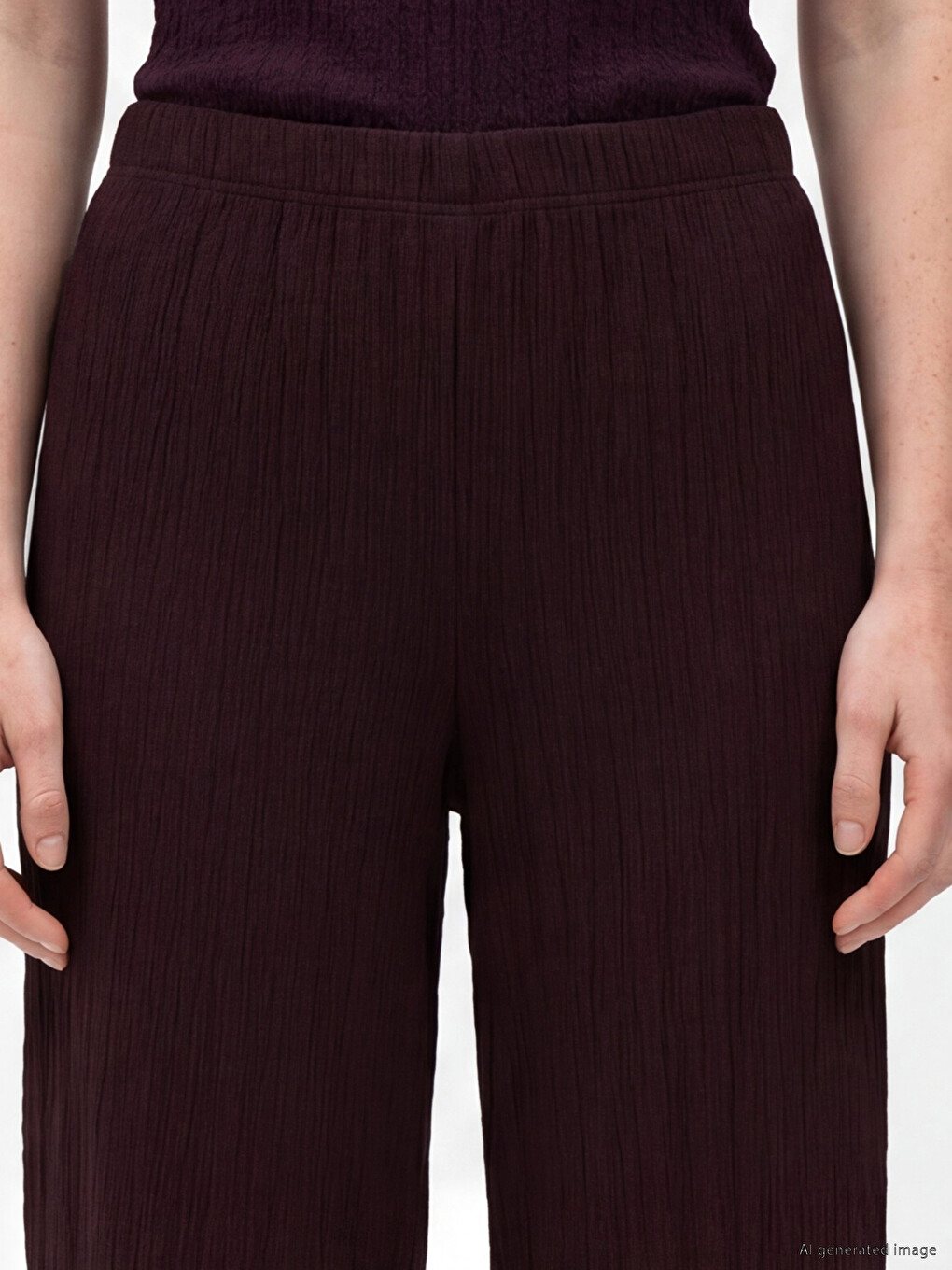 Bordo Beli Lastikli Dokulu Kadın Pantolon-2