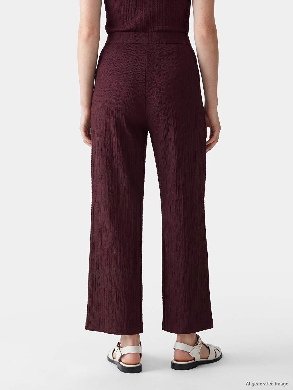 Bordo Beli Lastikli Dokulu Kadın Pantolon-3