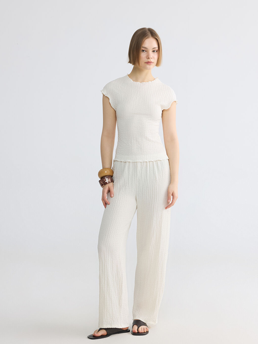 Bej Beli Lastikli Dokulu Kadın Pantolon