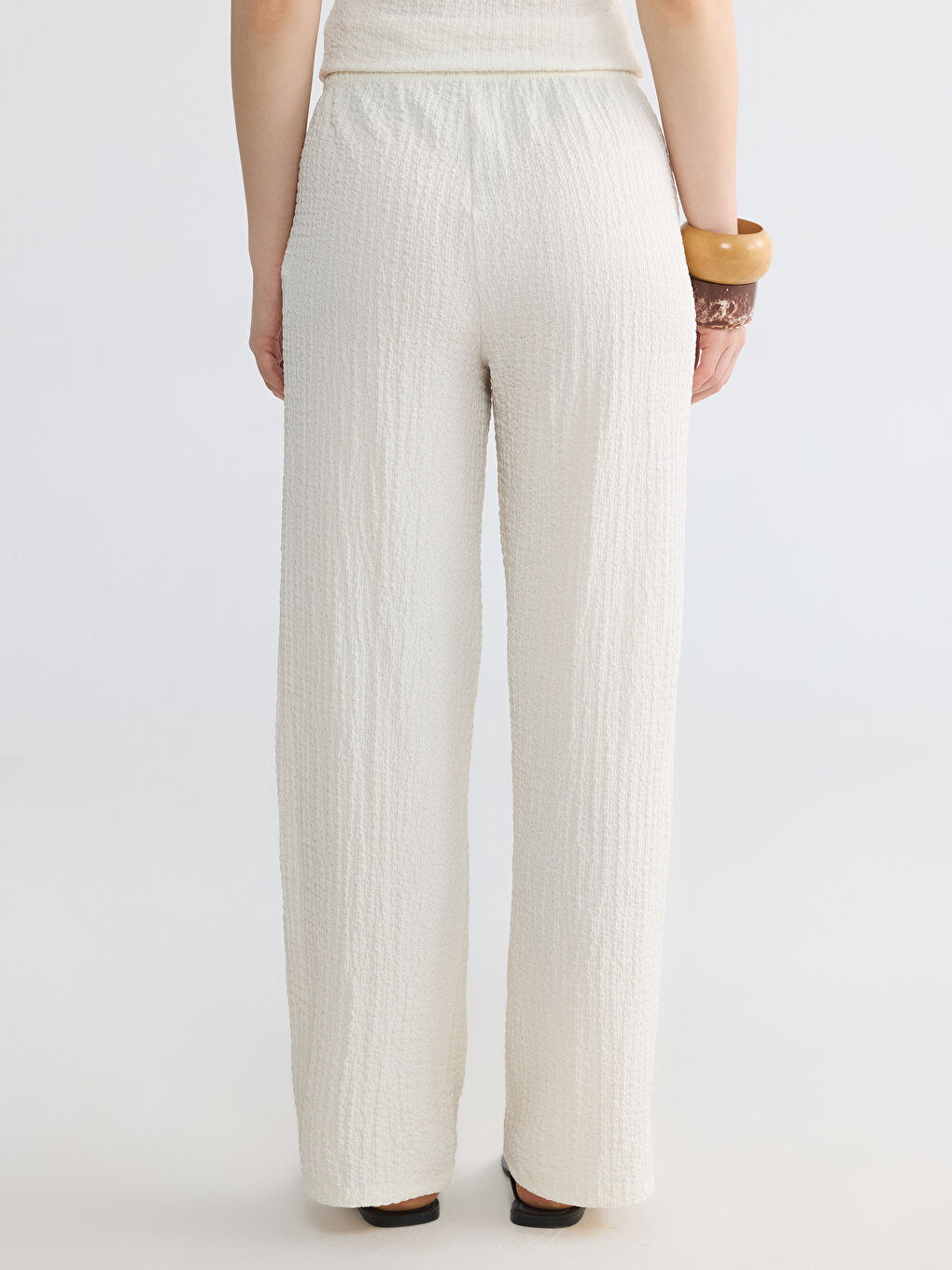 Bej Beli Lastikli Dokulu Kadın Pantolon-3