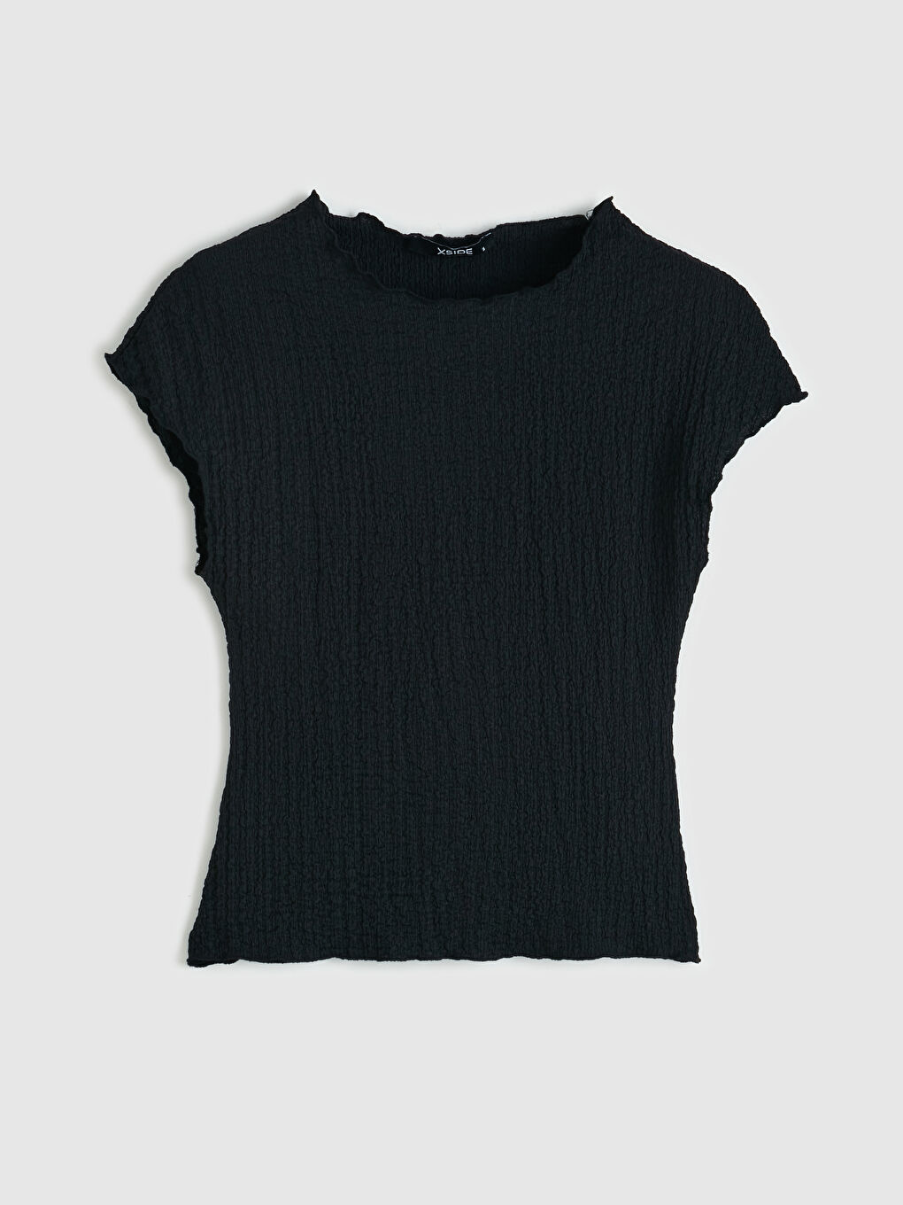 Siyah Bisiklet Yaka Fırfırlı Dokulu Bluz-3