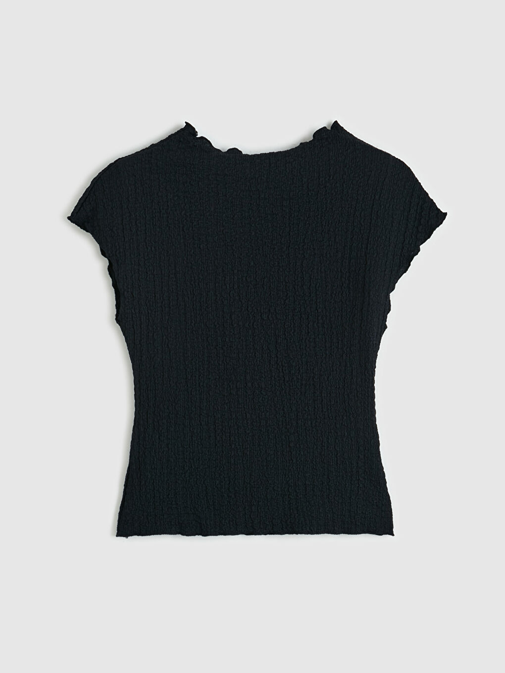 Siyah Bisiklet Yaka Fırfırlı Dokulu Bluz-4