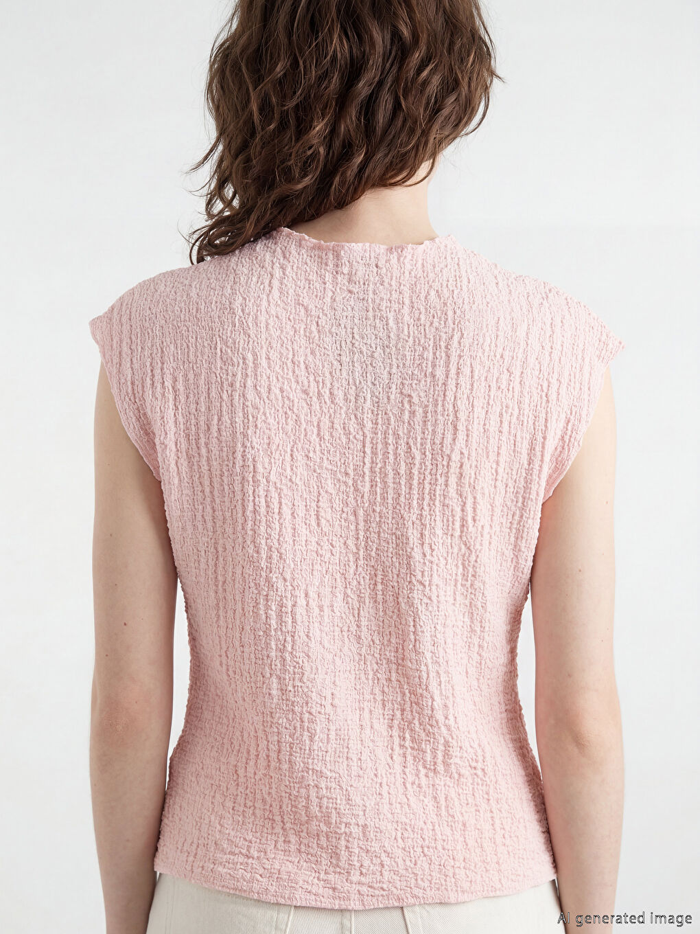 Pembe Bisiklet Yaka Fırfırlı Dokulu Bluz-3