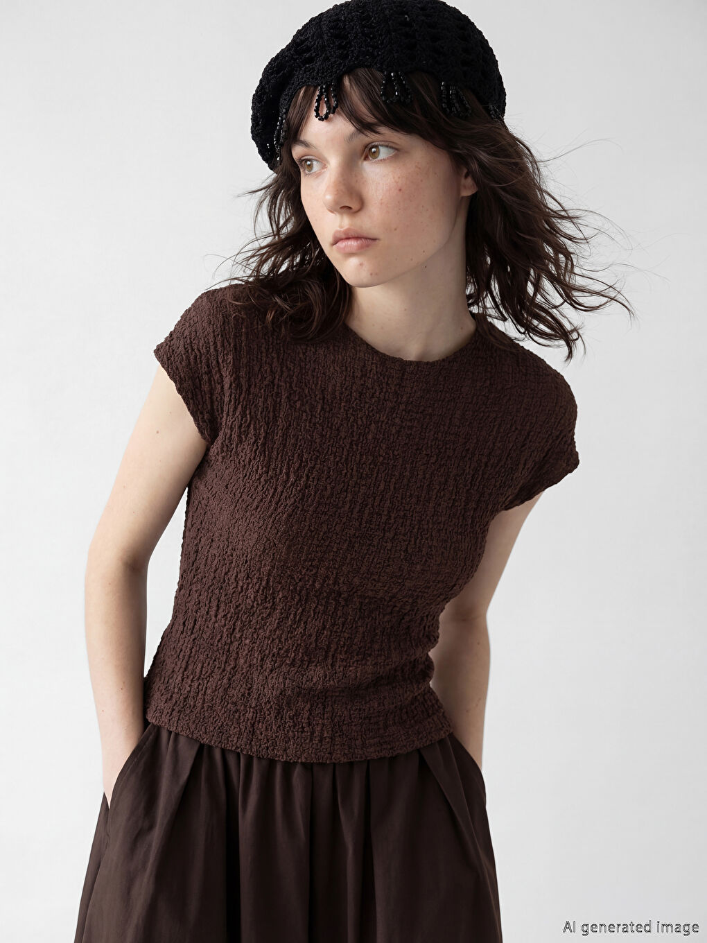 Kahverengi Bisiklet Yaka Fırfırlı Dokulu Bluz