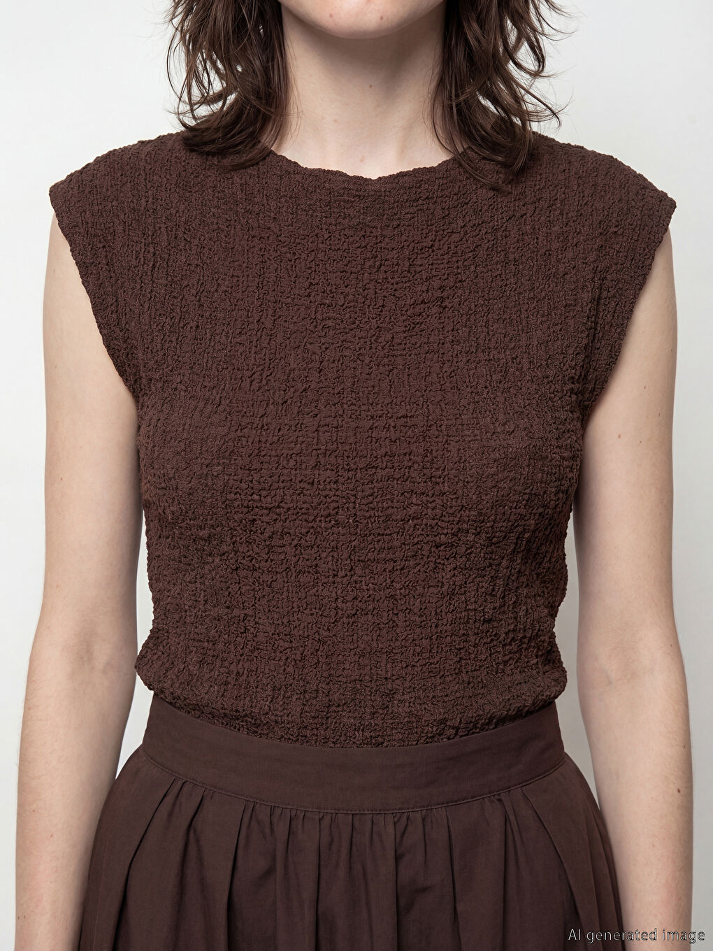 Kahverengi Bisiklet Yaka Fırfırlı Dokulu Bluz-2