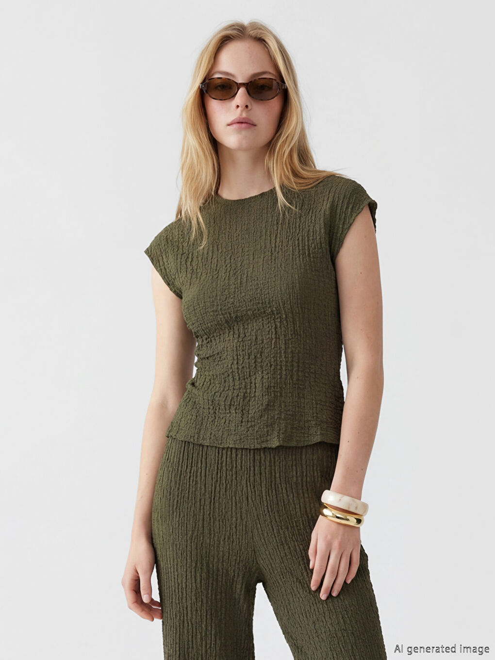 Crew Neck Ruffled Textured Blouse