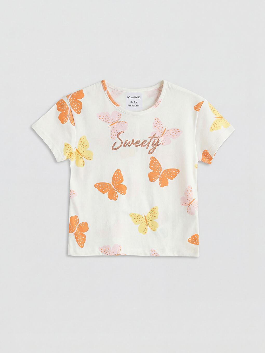 Ekru Bisiklet Yaka Baskılı Kız Çocuk Tişört