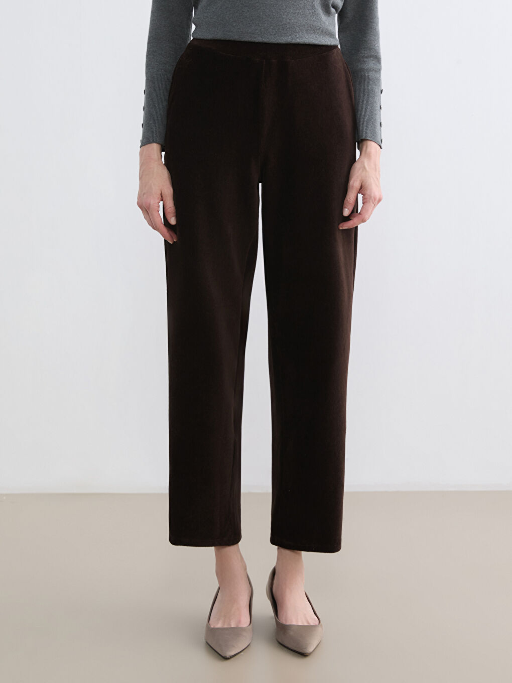 Kahverengi Beli Lastikli Kadın Kadife Pantolon-1