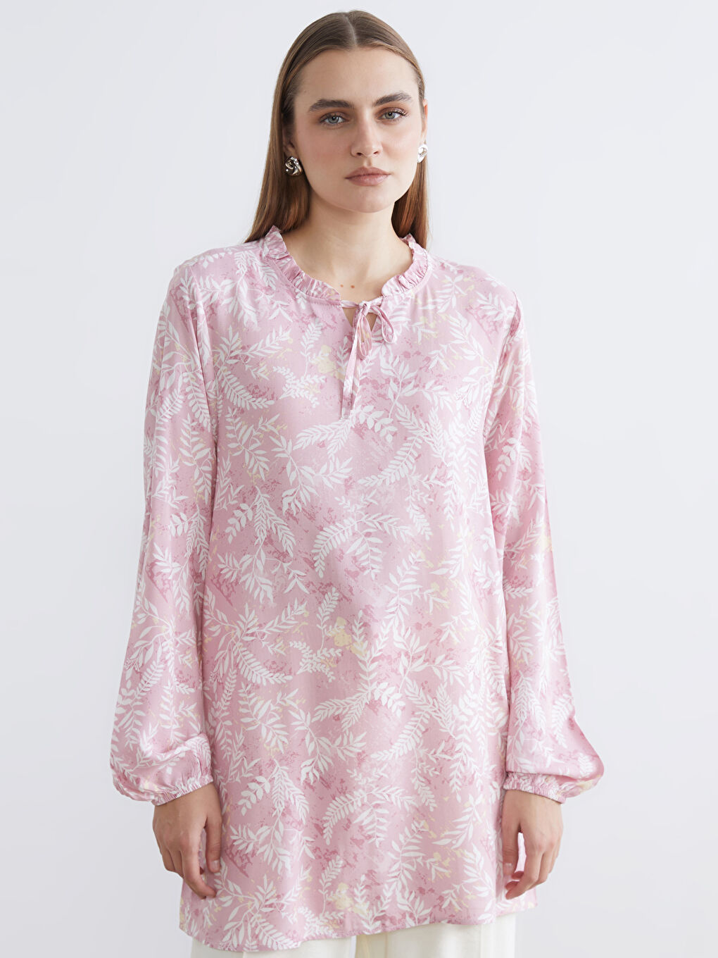 Pembe Bağlamalı Yaka Desenli Kadın Tunik