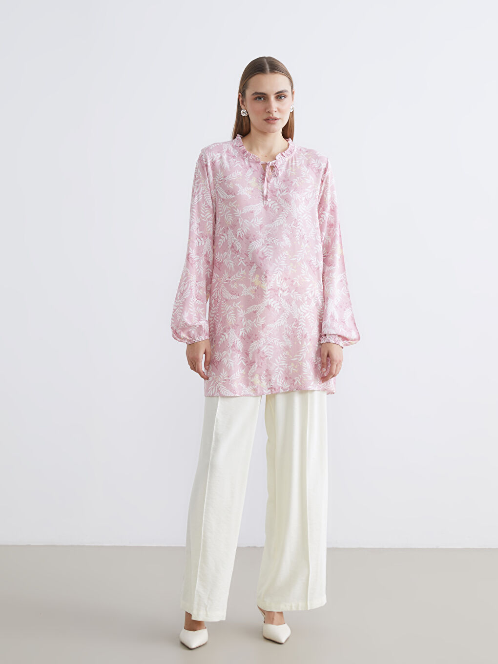 Pembe Bağlamalı Yaka Desenli Kadın Tunik-1