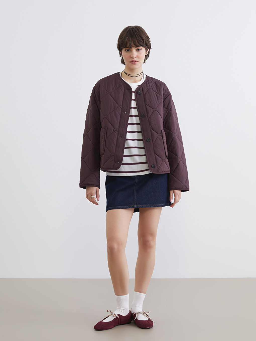 Bordo Bisiklet Yaka Kapitone Oversize Kadın Mont-1