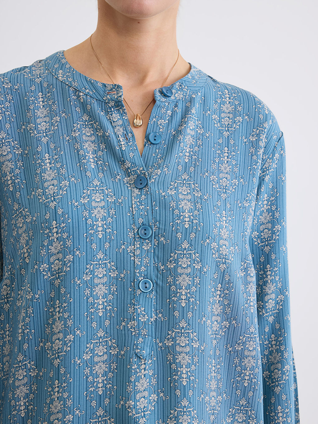 Mavi Hakim Yaka Desenli Kadın Tunik-2