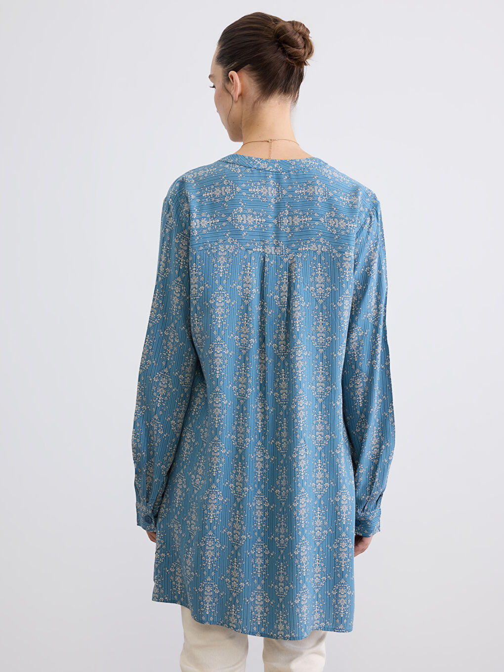 Mavi Hakim Yaka Desenli Kadın Tunik-3