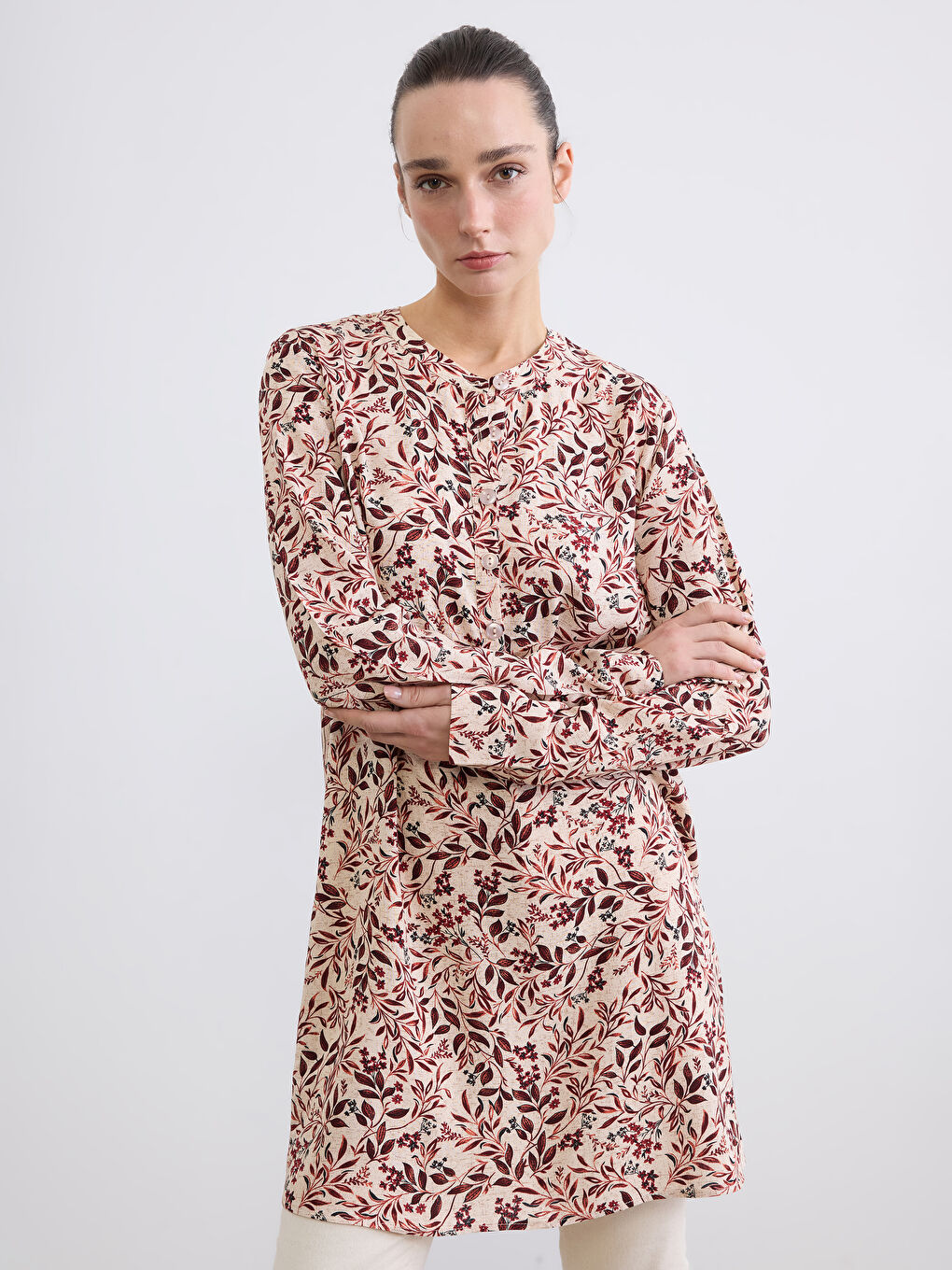 Turuncu Hakim Yaka Çiçekli Kadın Tunik