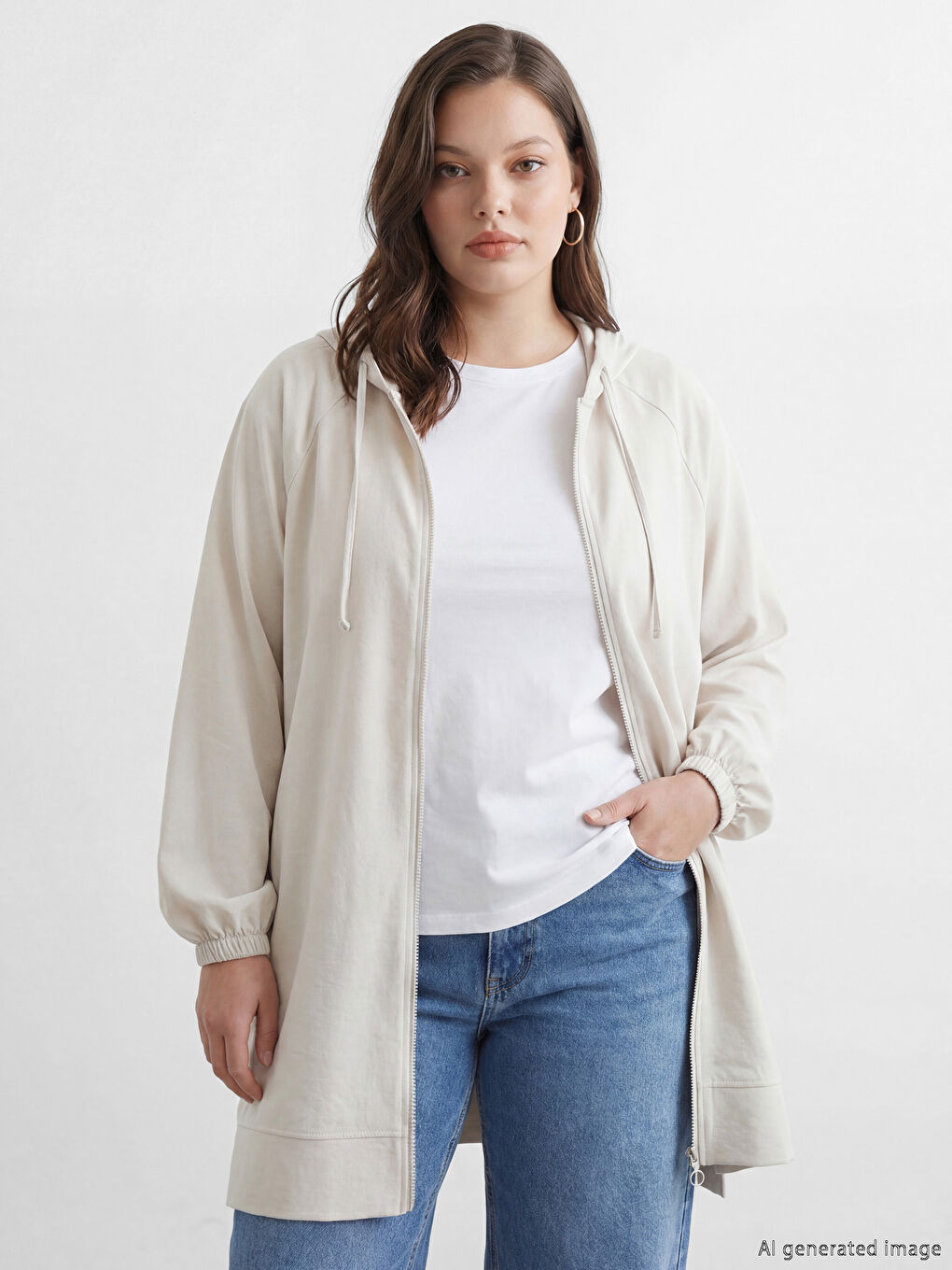 Bej Kapüşonlu Oversize Kadın Tunik-1