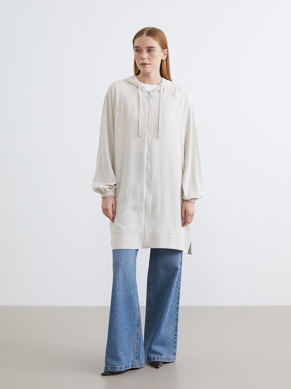 Bej Kapüşonlu Oversize Kadın Tunik-1