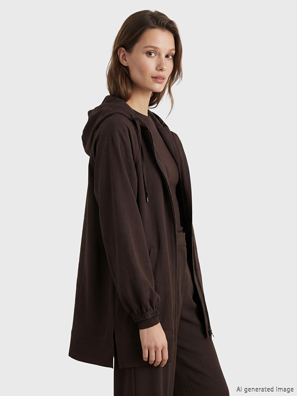 Kahverengi Kapüşonlu Oversize Kadın Tunik